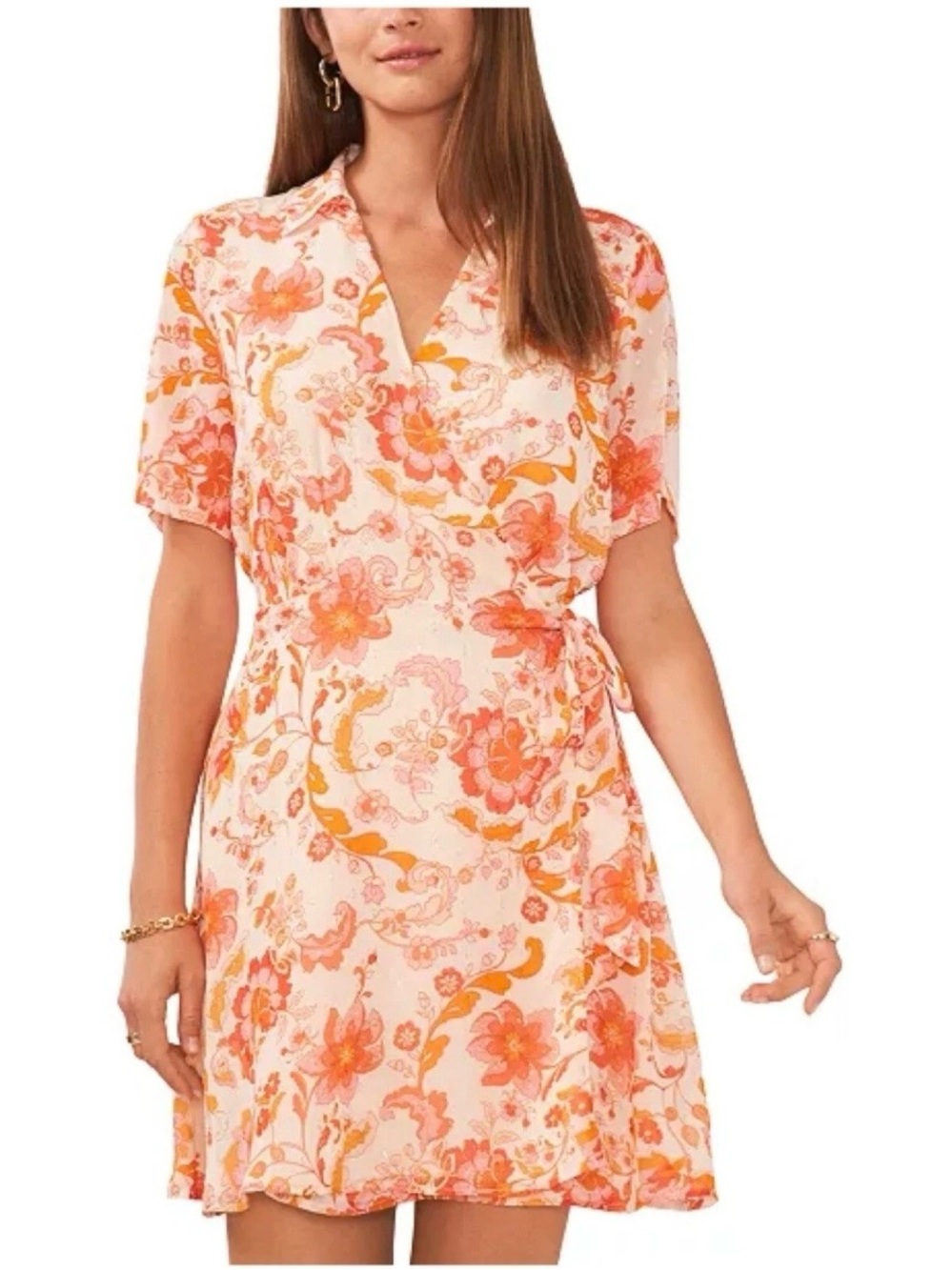 Vince Camuto Orange Pink Floral Wrap Dress Sz Large Collar V-Neck Short Sleeve
